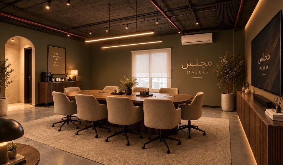 The Majlis boardroom: walnut table, linen chairs, warm light